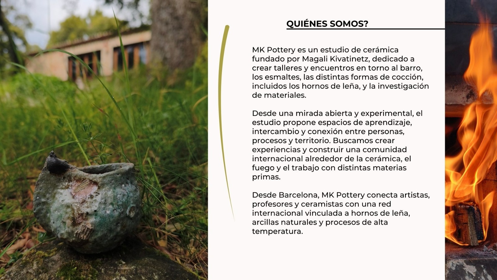 Ceramic work in the grass with studio and kiln fire images from MK Pottery Studio.