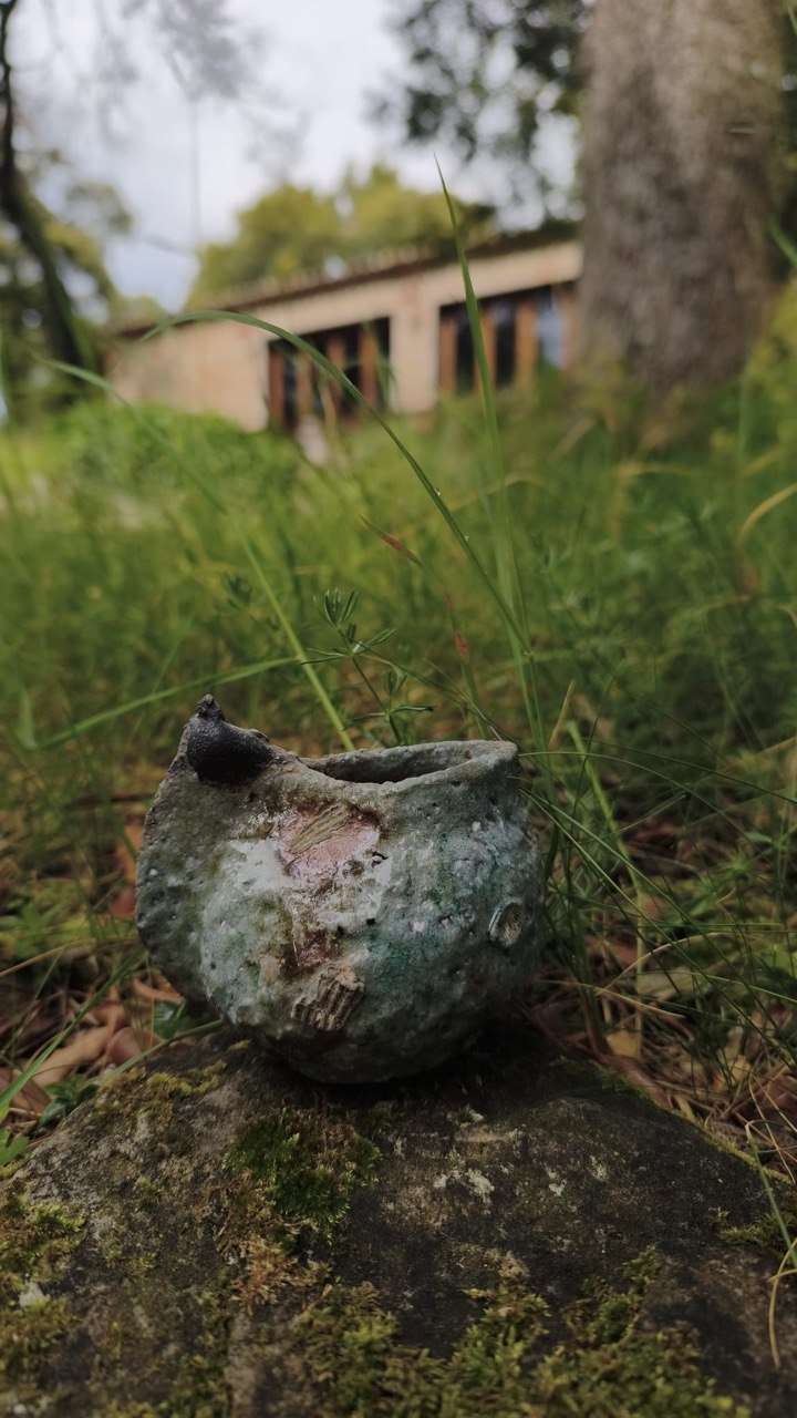 Una pequeña pieza de cerámica cocida con leña apoyada en la hierba en Can Brull.